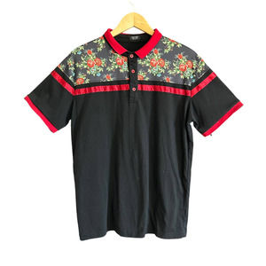 CoofAndy Men’s Rose Floral and Black Polo Shirt with Red Accents Size L
